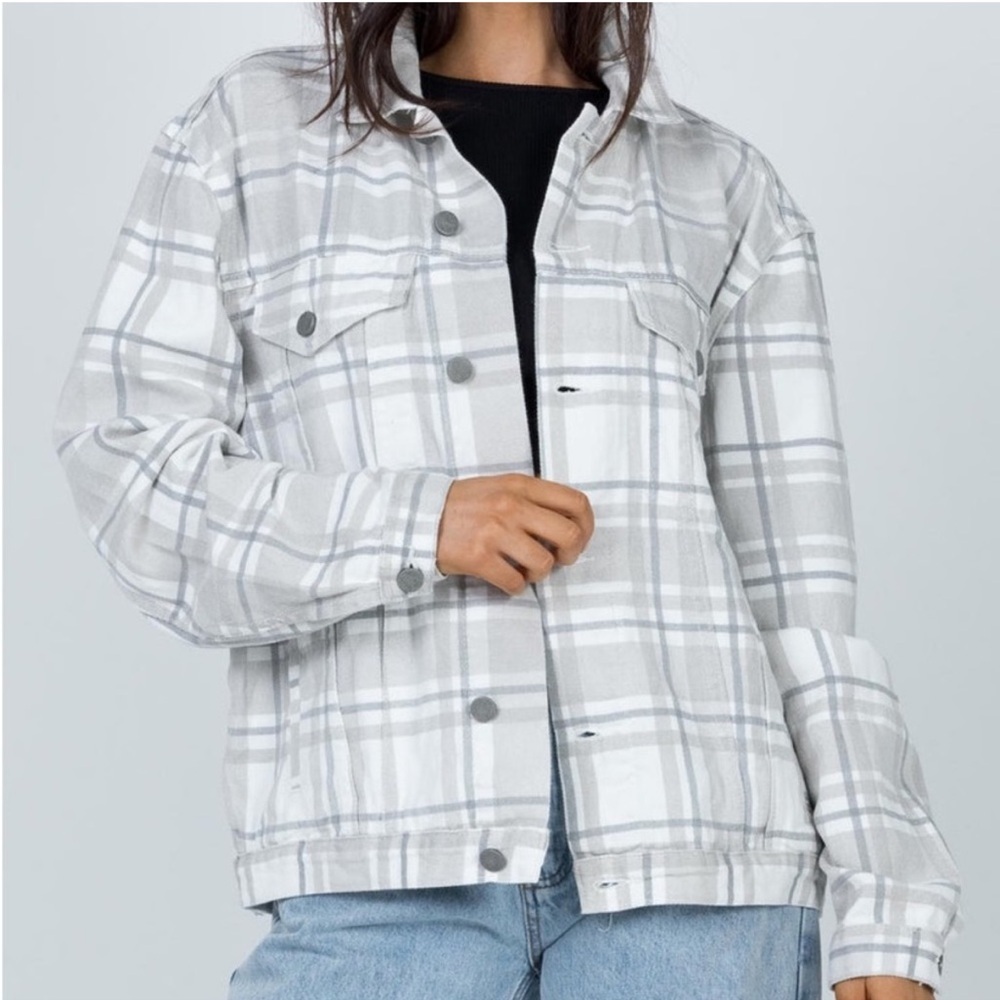 Princess Polly Brielle Denim Grey and Beige Plaid Jacket Size 12 New with tag